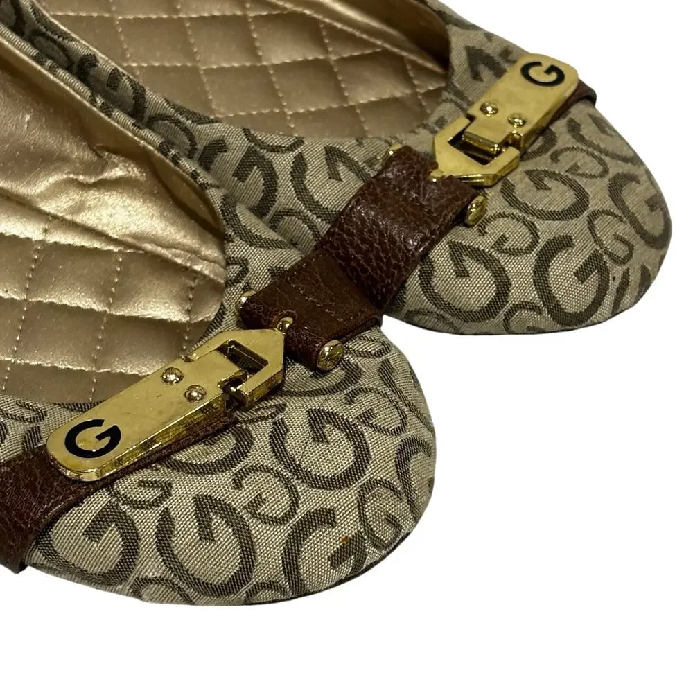 Guess flats ladies slip on casual shoes tan brown logo canvas gold buckle 9.5M